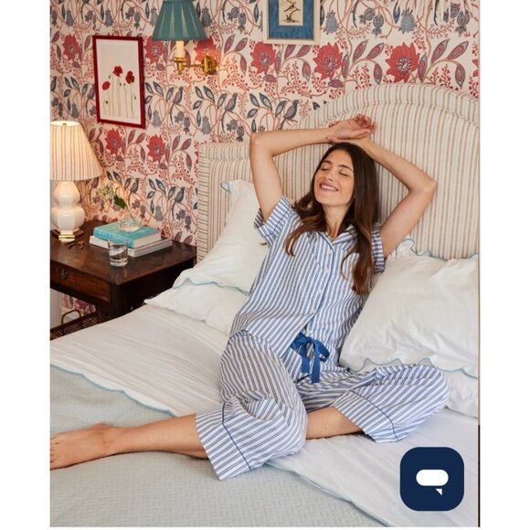Lake L Poplin Chloe Pajama Set Seaport Shoreline Stripe Blue White 2 Pc Cotton - Picture 2 of 15